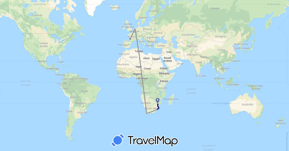 TravelMap itinerary: driving, plane in France, Netherlands, Swaziland, South Africa (Africa, Europe)